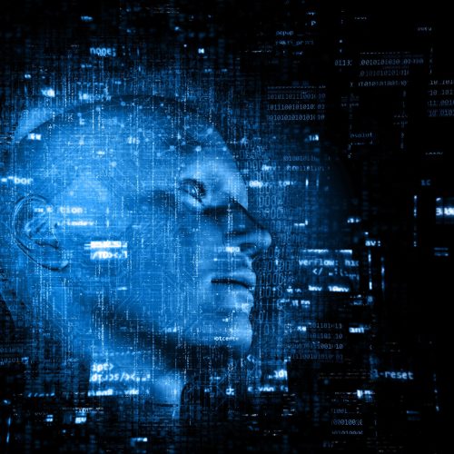 3D render of a technology background with code over male head